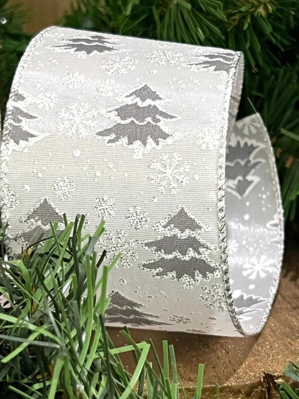 Silver Christmas Trees Wired Edge Ribbon 2.5 Inch Holiday Craft Supplies